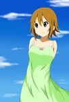  absurdres alternate_hairstyle bad_id bad_pixiv_id brown_eyes brown_hair cloud day dress hair_down highres k-on! short_hair solo sundress tainaka_ritsu yoshino-9 