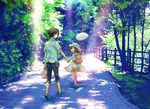  1girl backpack bad_id bad_pixiv_id bag basket brown_eyes brown_hair bug butterfly butterfly_net child dress fence forest hand_net hat highres hiroe holding_hands insect nature original path photo_background road scenery short_hair 