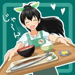  apron argon bad_id bad_pixiv_id bowl casual chopsticks fish food foreshortening ganaha_hibiki heart idolmaster idolmaster_(classic) long_hair ponytail rice solo takuan tray 