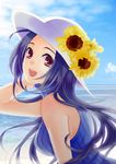  bad_id bad_pixiv_id blue_hair casual flower hat idolmaster idolmaster_(classic) long_hair miura_azusa red_eyes shiramatsu solo sunflower water 