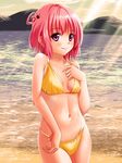  bikini breasts cowboy_shot medium_breasts momo_velia_deviluke navel orange_(meitoku) outdoors pink_eyes pink_hair short_hair solo swimsuit to_love-ru water yellow_bikini 