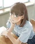  bangs blunt_bangs brown_eyes brown_hair desk from_above glasses looking_up original school_desk school_uniform solo tnt_(aaaazzzz) 