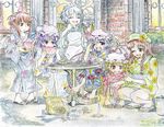  alternate_costume alternate_hairstyle bat_wings blonde_hair brown_eyes camera candle eating flandre_scarlet food fruit gate hakurei_reimu hat head_wings hong_meiling izayoi_sakuya japanese_clothes kimono koakuma maid_headdress master_(4th) multiple_girls one_eye_closed patchouli_knowledge pointy_ears purple_eyes purple_hair red_eyes remilia_scarlet sandals short_hair side_ponytail silver_hair spoon table touhou traditional_media watercolor_(medium) watermelon wings yukata yukkuri_shiteitte_ne 