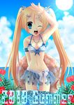  2010 armband bad_id bad_pixiv_id bikini blonde_hair blue_eyes candy flower food front-tie_top hair_ornament hairclip hibiscus highres innertube long_hair one_eye_closed original see-through shirato_sayuri skirt solo swimsuit twintails 