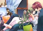  1girl closed_eyes couple double_bun green_hair hetero higurashi_no_naku_koro_ni kimiyoshi_natsumi kitou_en long_hair lying on_person open_mouth orange_eyes red_hair short_hair sitting smile toudou_akira 