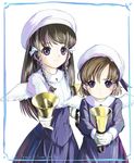  bell blue_dress braid brown_hair dress gloves handbell hat highres long_hair multiple_girls original purple_eyes short_hair twin_braids uniform wings yosuzume_(power_sketch_book) 