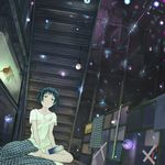  aihara_kaichi aquarium barefoot black_eyes black_hair blanket bob_cut feet fireflies fish goldfish insecticide light_bulb no_pants original short_hair solo spray_can stairs 