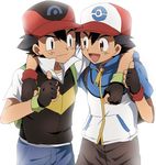  alternate_costume arm_around_neck black_hair brown_eyes dual_persona gloves maruki_(punchiki) multiple_boys pokemon pokemon_(anime) satoshi_(pokemon) thumbs_up 