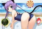  animal_ears bent_over blue_eyes cat_ears cat_tail food fruit highres long_hair one-piece_swimsuit original purple_hair school_swimsuit shaved_ice shibayuki solo swimsuit tail trefoil twintails watermelon 
