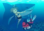  air_bubble barefoot bikini bikini_top breath brown_eyes brown_hair bubble bunny denim denim_shorts diving diving_helmet freediving great_white_shark hair_up hare_of_inaba hare_of_inaba_(character) helmet holding_breath navel original puffy_cheeks scuba scuba_tank shark shorts solo swimming swimsuit ukokkei unbuttoned underwater 