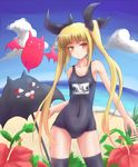  bad_id bad_pixiv_id beach black_legwear blazblue blonde_hair day flower gii hibiscus long_hair nago name_tag one-piece_swimsuit rachel_alucard red_eyes school_swimsuit solo sumapan swimsuit thighhighs twintails very_long_hair 