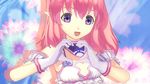  :d agarest_senki_(series) agarest_senki_2 arm_garter bangs bikini_top choker close-up elf fiona_(agarest_senki) flat_chest flower frills game_cg gloves heart heart_hands hirano_katsuyuki official_art open_mouth pink_hair pointy_ears purple_eyes smile solo 