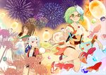  aerial_fireworks brown_hair bug butterfly earrings fan fireworks fish flower glasses goldfish goldfish_scooping green_eyes green_hair gumi headband insect japanese_clothes jewelry kimono lantern multiple_girls neon_(crosslight) paper_fan ponytail red_eyes sandals short_kimono socks spider_lily uchiwa ukke vocaloid water_yoyo white_hair yellow_eyes 