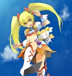  blonde_hair blue_background boots bow cloud cure_sunshine day hair_ribbon heart heartcatch_precure! knee_boots long_hair magical_girl midriff myoudouin_itsuki navel orange_bow orange_skirt pepe_(jonasan) potpourri_(heartcatch_precure!) precure ribbon skirt sky twintails yellow_bow yellow_eyes 