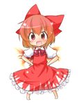  achi_cirno alternate_color alternate_element alternate_hair_color blush bow bowtie chibi cirno dress fang fiery_wings fire hair_ribbon hands_on_hips looking_at_viewer red_dress red_eyes red_hair ribbon short_hair smile solo standing tobi_(nekomata_homara) touhou wings 