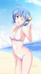  beach bikini blue_hair crescent crescent_hair_ornament day hair_ornament navel one_eye_closed open_mouth pointy_ears rena_lanford shizufa short_hair solo star_ocean star_ocean_the_second_story swimsuit 