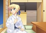  absurdres ahoge artoria_pendragon_(all) azu blonde_hair fan fate/stay_night fate_(series) green_eyes highres japanese_clothes kimono paper_fan saber shouji sitting sliding_doors solo tatami uchiwa yukata 