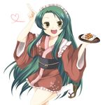  bad_id bad_pixiv_id brown_eyes fang food green_hair highres japanese_clothes kimono long_hair salute solo suzuka_(rose_coffee) suzumiya_haruhi_no_yuuutsu takoyaki tsuruya waitress 