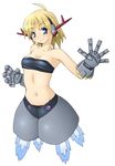  ahoge antennae bandeau blonde_hair blue_eyes eighty_percent_complete gundam horns mecha_musume midriff mobile_suit_gundam navel personification piiton short_hair simple_background solo zeong 