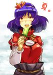  eating food popsicle purple_hair red_eyes solo tamago_(yotsumi_works) touhou yasaka_kanako 