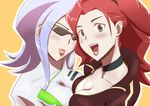  blush breasts brown_eyes cleavage d_(atelierd) drill_hair heroman large_breasts long_hair multiple_girls purple_hair red_hair sunglasses vera_collins veronica_(heroman) 