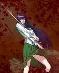  blue_eyes busujima_saeko green_skirt highschool_of_the_dead long_hair long_skirt purple_hair sakamoto_mineji school_uniform skirt solo sword very_long_hair weapon 