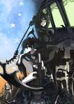  absurdres arm_cannon black_gold_saw black_hair black_rock_shooter black_rock_shooter_(character) blue_eyes boots chain dead_master green_eyes highres hood hoodie horns king_saw multiple_girls pepe_(jonasan) scythe star strength_(black_rock_shooter) sword twintails weapon white_hair 