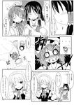  4girls :x =_= comic detached_sleeves frog greyscale hakurei_reimu hat highres izayoi_sakuya japanese_clothes kochiya_sanae maid makino_(ukiuo) monochrome multiple_girls o_o remilia_scarlet snake tears touhou translated umbrella wings 