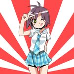  ;q black_hair brown_eyes idolmaster idolmaster_(classic) idolmaster_2 kikuchi_makoto necktie one_eye_closed plaid plaid_skirt rising_sun rough_time_school salute school_uniform short_hair skirt solo sunburst takeya_yuuki tongue tongue_out v wings 