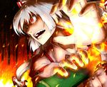  bamboo bamboo_forest bow fire forest fujiwara_no_mokou hair_bow long_hair nature open_mouth oso_(toolate) red_eyes ribbon silver_hair solo touhou 