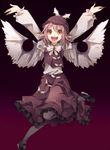  :d \o/ animal_ears arms_up happy hat kontore mystia_lorelei open_mouth orange_eyes outstretched_arms pink_hair ribbon short_hair smile solo spread_arms touhou wings 