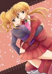  1girl androgynous blonde_hair formal hug maekawa_suu ponytail siblings skirt suit umineko_no_naku_koro_ni ushiromiya_jessica ushiromiya_lion 