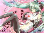  aqua_eyes aqua_hair barefoot bridal_gauntlets elbow_gloves fingerless_gloves gloves hatsune_miku hatsune_miku_(append) heart highres kiriya-sa long_hair navel necktie shinpakusuu_0822_(vocaloid) smile solo toeless_legwear twintails very_long_hair vocaloid vocaloid_append 