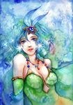  bad_id bad_pixiv_id bare_shoulders blue_eyes breasts cape cleavage detached_sleeves final_fantasy final_fantasy_iv green_hair hair_ornament jewelry jurithedreamer large_breasts lips necklace older rydia solo sparkle star traditional_media watercolor_(medium) 