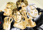  beard big_boss blonde_hair brown_hair clone eyepatch facial_hair family liquid_snake male_focus metal_gear_(series) metal_gear_solid metal_gear_solid_2 metal_gear_solid_3 multiple_boys solid_snake solidus_snake tera_(no_reason) time_paradox v 