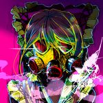  acid_trip alternate_color alternate_hair_color arms_at_sides bad_id bad_pixiv_id blonde_hair blue_hair bow breath frilled_bow frilled_shirt_collar frills gas_mask goose_h gradient gradient_background gradient_hair green_hair hair_between_eyes hair_bow hair_tubes hakurei_reimu heart heart-shaped_eyewear looking_at_viewer multicolored_hair purple_background purple_hair smoke solo touhou upper_body 