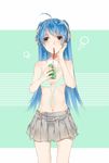  ahoge bad_id bad_pixiv_id bikini bikini_top blue_eyes blue_hair drink drinking_straw grey_skirt hatsune_miku headphones long_hair melon_soda navel shiranori skirt solo striped striped_bikini swimsuit vocaloid 