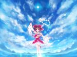  arm_up armpits bare_shoulders bow brown_eyes brown_hair day detached_sleeves gohei hair_bow hakurei_reimu midriff navio ribbon sky smile solo thigh_ribbon touhou wading water 