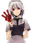  arm_behind_back bad_id bad_pixiv_id braid clothes_writing colored_eyelashes english izayoi_sakuya knife looking_at_viewer maid maid_headdress red_eyes short_hair silver_hair simple_background smile solo tai0201 touhou twin_braids 