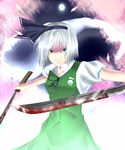  1girl aqua_eyes bad_id bad_pixiv_id black_hairband blood cherry_blossoms dress dual_wielding flower full_moon ghost grey_hair hair_ribbon hairband highres hitodama holding konpaku_youmu konpaku_youmu_(ghost) moon petals ribbon short_hair solo sword touhou tree weapon 