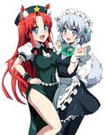  animal_ears blue_eyes braid cat_ears cat_tail china_dress chinese_clothes dog_ears dog_tail dress hong_meiling izayoi_sakuya kemonomimi_mode long_hair maid maid_headdress multiple_girls red_hair satou_samu short_hair silver_hair sweatdrop tail thighhighs touhou twin_braids 