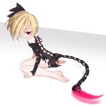  bad_id bad_pixiv_id barefoot blonde_hair bow dress error feet hair_bow hair_over_one_eye mizushirazu original personification pluto_(planet) red_eyes scorpion_tail short_hair solo tail 