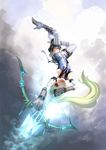  archer_(dragon_nest) arrow bad_id bad_pixiv_id boots bow_(weapon) dragon_nest elbow_gloves gloves green_hair highres long_hair observerz red_eyes solo thigh_boots thighhighs upside-down weapon 