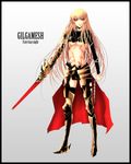  armor bad_id bad_pixiv_id banned_artist black_legwear blonde_hair breasts chain character_name copyright_name ea_(fate/stay_night) fate/stay_night fate_(series) genderswap genderswap_(mtf) gilgamesh highres long_hair medium_breasts red_eyes s_tanly solo sword tattoo thighhighs torn_clothes underboob weapon 