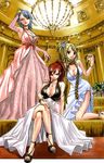  adjusting_hair bare_shoulders black_eyes blonde_hair blue_hair bracelet breasts brown_eyes cleavage clenched_hand dress earrings elbow_gloves erza_scarlet fairy_tail frown gloves hand_on_another's_shoulder jewelry juvia_lockser kneeling large_breasts legs long_hair looking_at_viewer lucy_heartfilia mashima_hiro multiple_girls necklace pink_dress pink_gloves ponytail red_hair sandals scarf short_hair side_slit sitting smile smirk stairs tattoo white_dress 