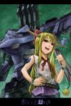  armored_core bad_id bad_pixiv_id blonde_hair bow chain cuffs hair_bow hand_on_hip highres horns ibuki_suika kurione_(zassou) long_hair mecha red_eyes ribbon solo stasis touhou when_you_see_it 