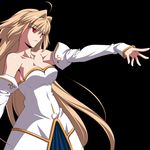  ahoge archetype_earth arcueid_brunestud bad_id bad_pixiv_id bare_shoulders blonde_hair breasts cleavage detached_sleeves dress large_breasts long_hair melty_blood outstretched_arm outstretched_hand red_eyes simple_background solo strapless strapless_dress takeuchi_takashi tsukihime very_long_hair 