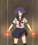  copyright_request highres magic nanora purple_eyes purple_hair school_uniform short_hair skirt solo 