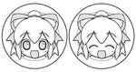  ^_^ blush bow capcom chibi cute eyes_closed happy logo monochrome open_mouth ponytail ribbon ribbons rockman rockman_(classic) roll short_hair 