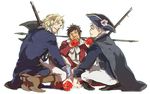  axe axis_powers_hetalia bad_friends_trio_(hetalia) blonde_hair brown_hair cape cravat eating france_(hetalia) full_mouth gun hat male_focus military military_uniform multiple_boys musket musketeer pirate prussia_(hetalia) rifle silver_hair spain_(hetalia) tomato trauma trench_coat tricorne uniform weapon 